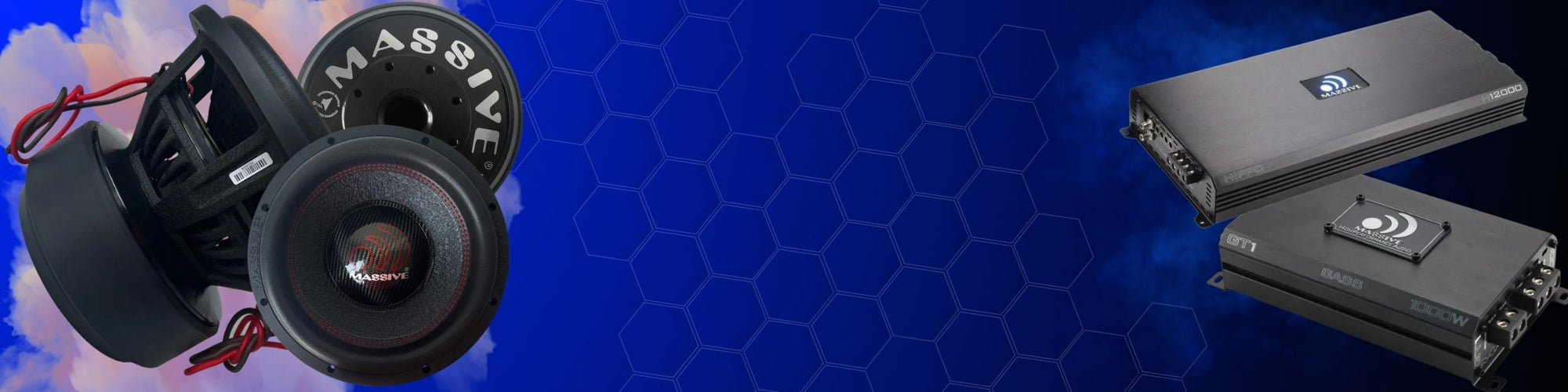 “Blue-themed banner showing Massive Audio subwoofers and amplifiers over a hexagon pattern background.”