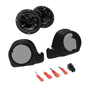 Plug and play twin cooled speaker kit for Harley Davidson with Infinity Kappa Perfect 6.5 inch speakers and lower fairing enclosures for 2014 to 2022 models.  Full Kit Front View