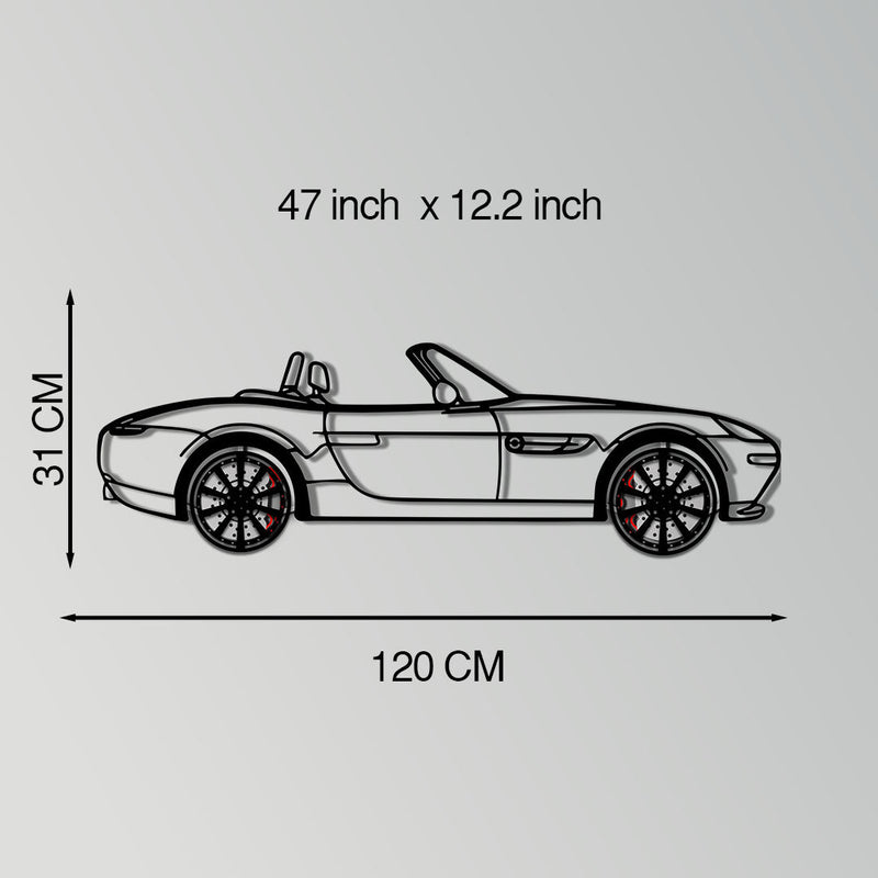 BMW Z8 Metal Car Wall Art with Rotating Wheels - Classic Luxury Roadster Silhouette - Interactive Automotive Wall Decor - KAFMEKA115