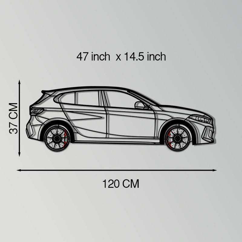 BMW 135i F40 Metal Car Wall Art with Rotating Wheels - M Performance Hatchback Silhouette - Interactive Automotive Decor - KAFMEKA102