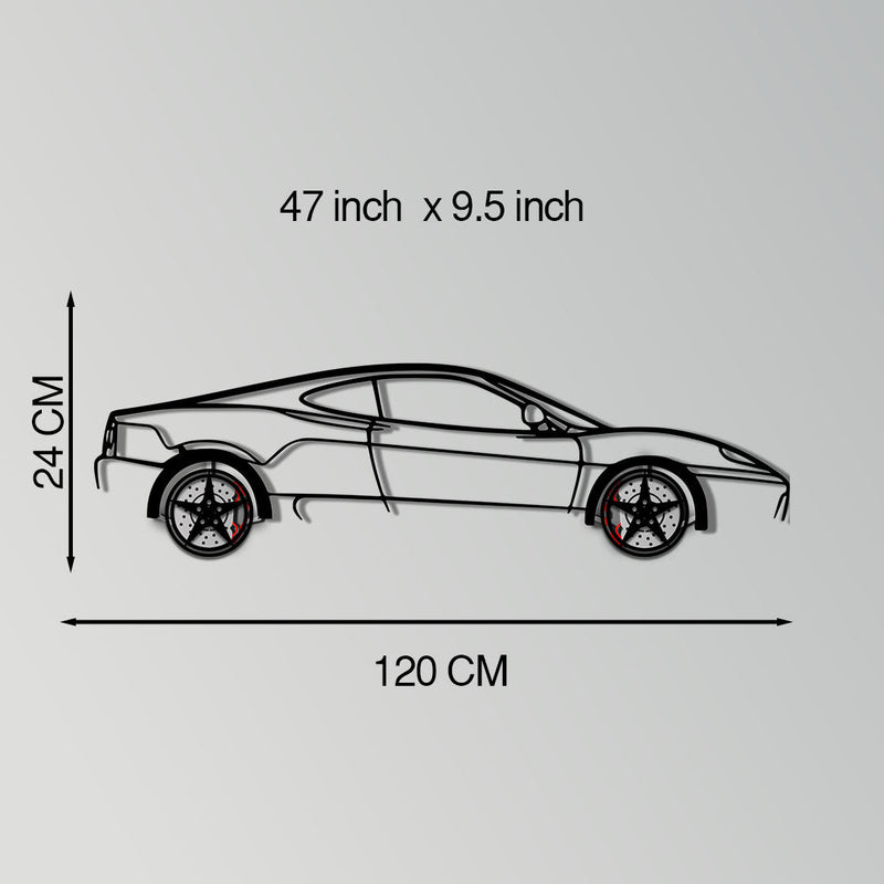 Ferrari 360 Modena Metal Car Wall Art with Rotating Wheels - Italian V8 Supercar Silhouette - Interactive Automotive Decor - KAFMEKA122