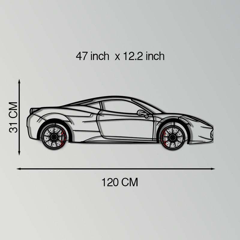 Ferrari 458 Italia Metal Car Wall Art with Rotating Wheels - V8 Supercar Silhouette Decor - Interactive Automotive Wall Art - KAFMEKA124