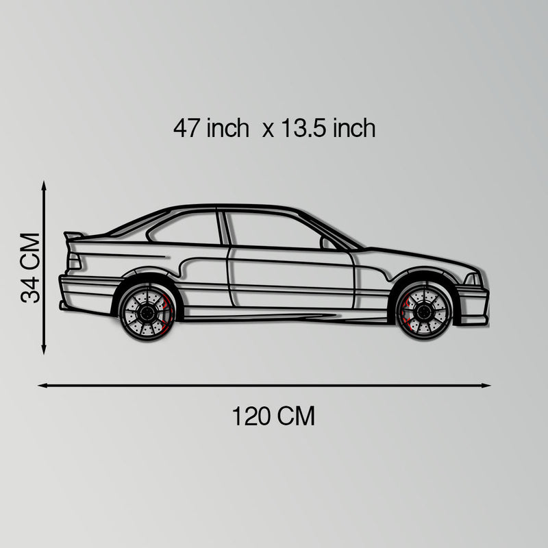 BMW E36 M3 Metal Car Wall Art with Rotating Wheels - 90s Performance Legend Silhouette - Interactive Automotive Wall Decor - KAFMEKA101