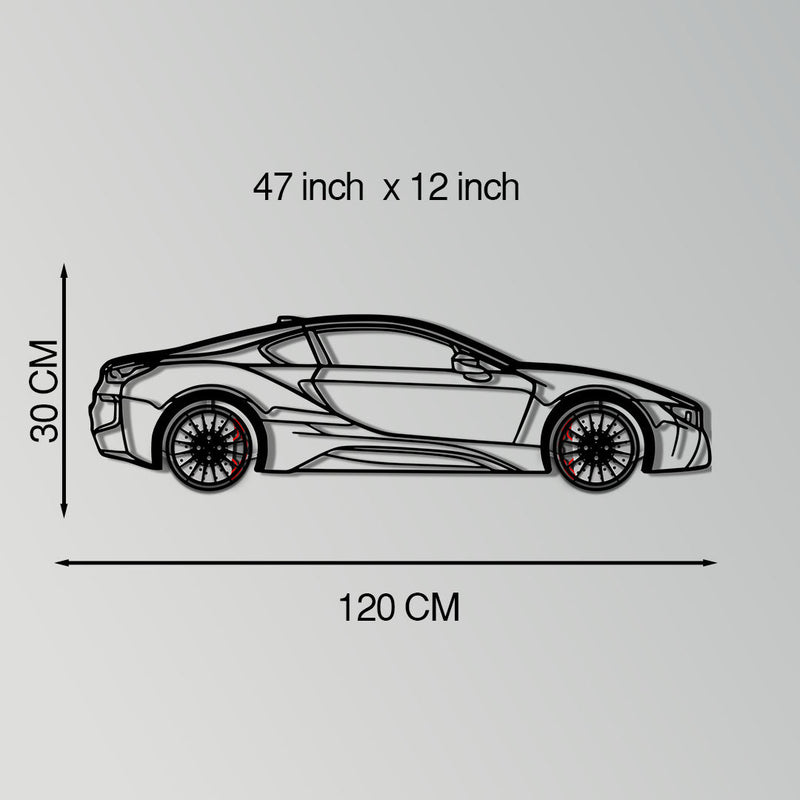 BMW i8 Metal Car Wall Art with Rotating Wheels - Futuristic Hybrid Supercar Silhouette - Interactive Automotive Decor - KAFMEKA106