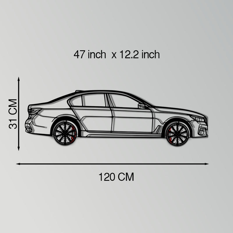 BMW 750i Metal Car Wall Art with Rotating Wheels - Luxury Executive Sedan Silhouette - Interactive Automotive Wall Decor - KAFMEKA104