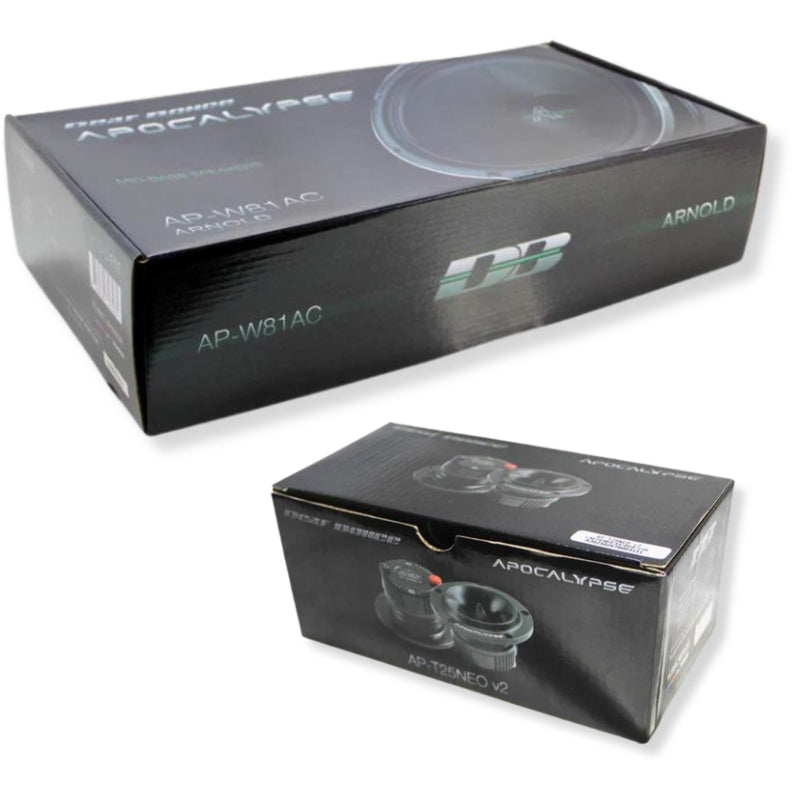 view of Packaging of Complete set of Deaf Bonce 8-inch mid-bass speakers and 1-inch bullet tweeters with mounting hardware and accessories