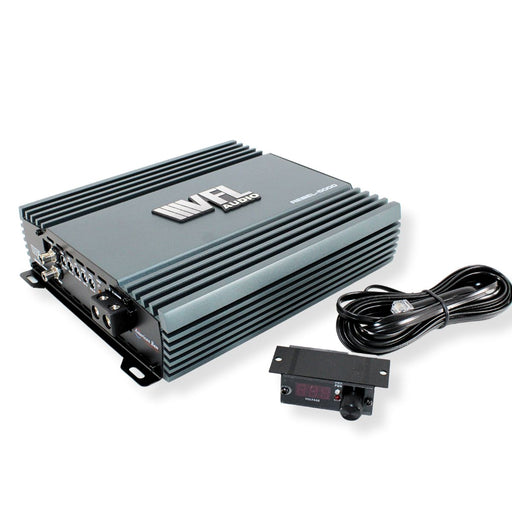 Front side view of REBEL-5000.1 | American Bass 5000W RMS 1-Ohm Class D Monoblock Amplifier, including bass knob and cord.