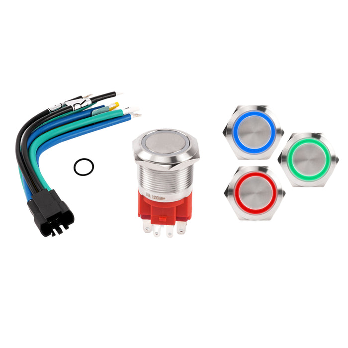 RGB LED Latching Push-Button Switch | 12V 20A | Pipeman’s view of all contents