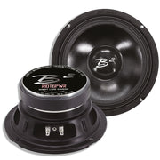 view of RIOT 6.5" 4-Ohm Mid-Range Speakers - 100W RMS, UV/Water Resistant front speaker facing down, connectors visible, second speaker front facing to the right and behind first speaker, 