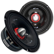 view of speaker pair RIOT 6.5" UV/Water Resistant Speakers - 100W RMS, 4-Ohm 1 facing forward 1 in front of it facing right, magnet and wire connection visible. 