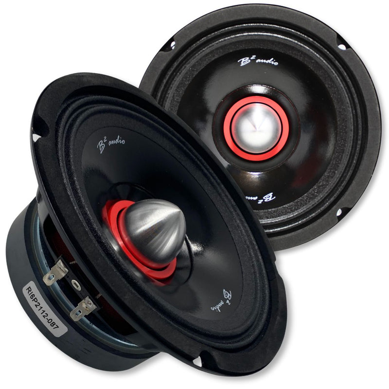 view of speaker pair RIOT 6.5" UV/Water Resistant Speakers - 100W RMS, 4-Ohm 1 facing forward 1 in front of it facing right, magnet and wire connection visible. 