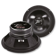 view of RIOT 8.5" 150W RMS 4-Ohm UV/Water Resistant Mid-Range Speakers from the front and top down. One speaker front-facing the other speaker facedown in front and to the left of it, connectors visible. 