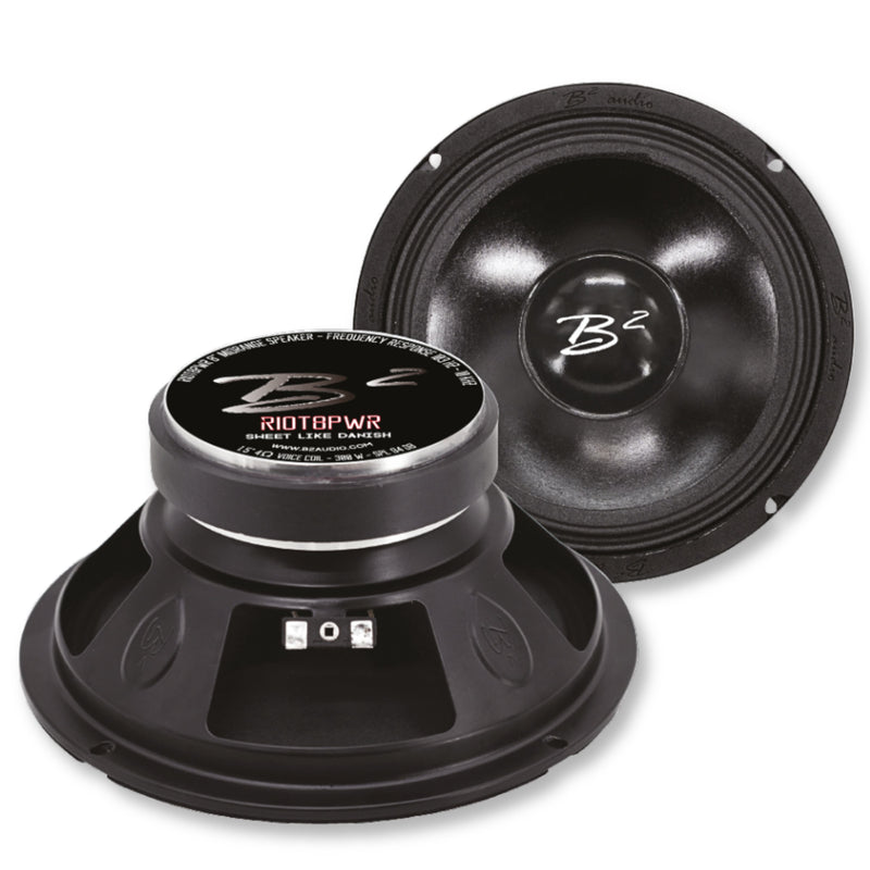 view of RIOT 8.5" 150W RMS 4-Ohm UV/Water Resistant Mid-Range Speakers from the front and top down. One speaker front-facing the other speaker facedown in front and to the left of it, connectors visible. 
