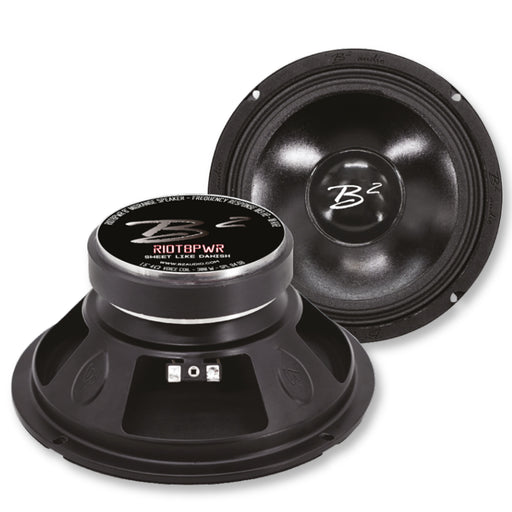 view of RIOT 8.5" 150W RMS 4-Ohm UV/Water Resistant Mid-Range Speakers from the front and top down. One speaker front-facing the other speaker facedown in front and to the left of it, connectors visible. 
