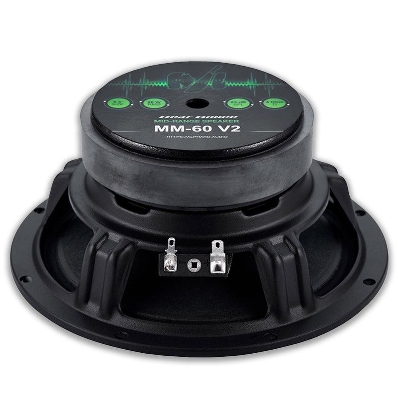 Rear view of the Deaf Bonce MM-60 V2 speaker highlighting the ferrite magnet and 4-ohm terminal connectors.