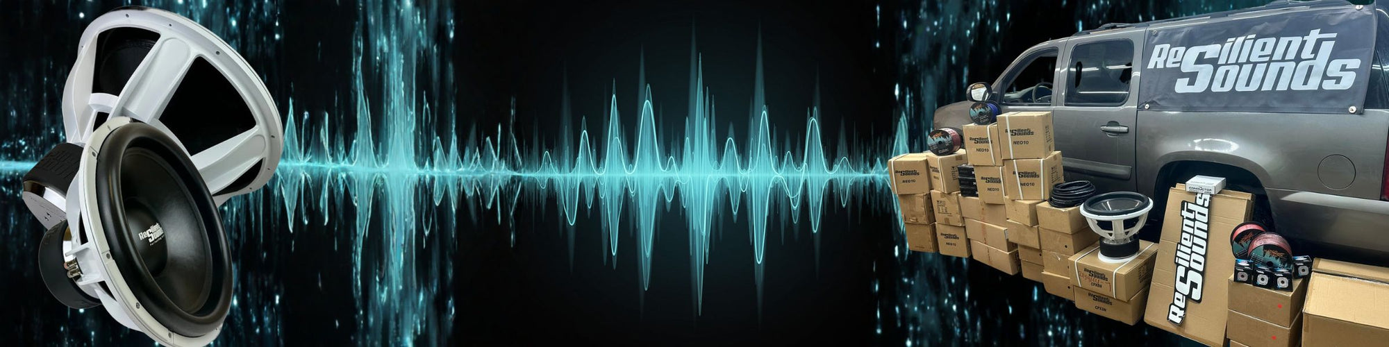 “Vehicle interior under construction with wooden audio enclosure framework on the left, and a branded SUV beside stacked car audio boxes on the right, separated by a blue soundwave graphic.”