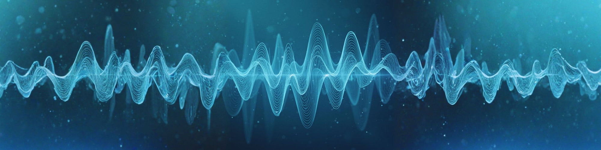 “Abstract blue soundwave pattern flowing horizontally across a dark background with glowing particle effects.”