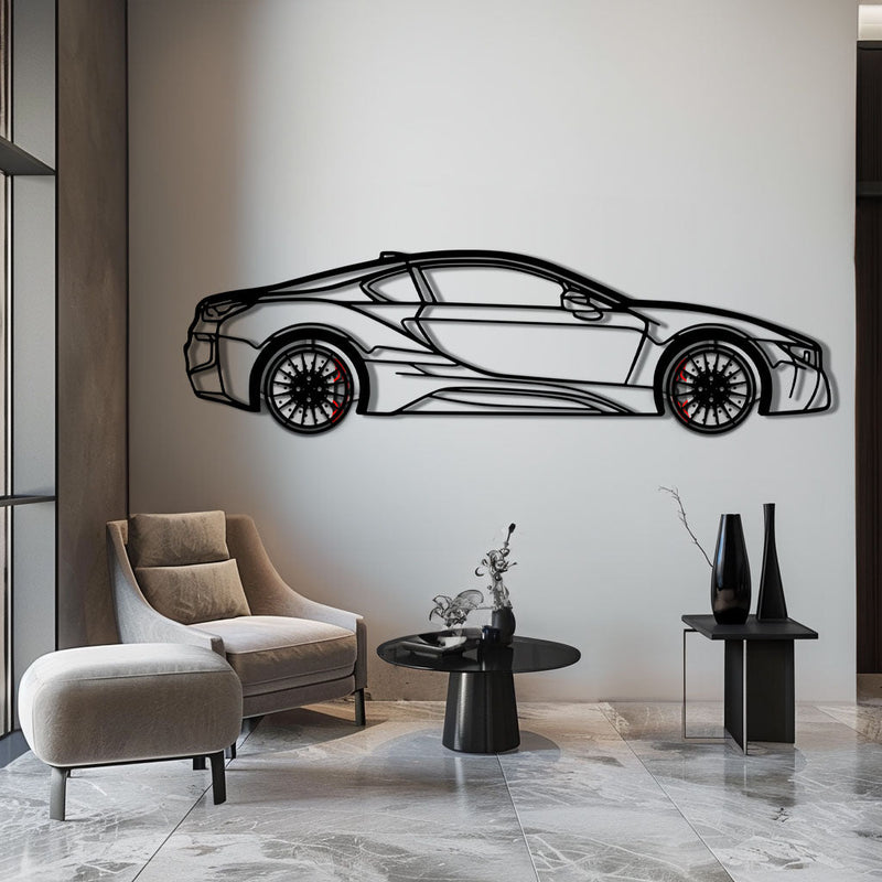 BMW i8 Metal Car Wall Art with Rotating Wheels - Futuristic Hybrid Supercar Silhouette - Interactive Automotive Decor - KAFMEKA106