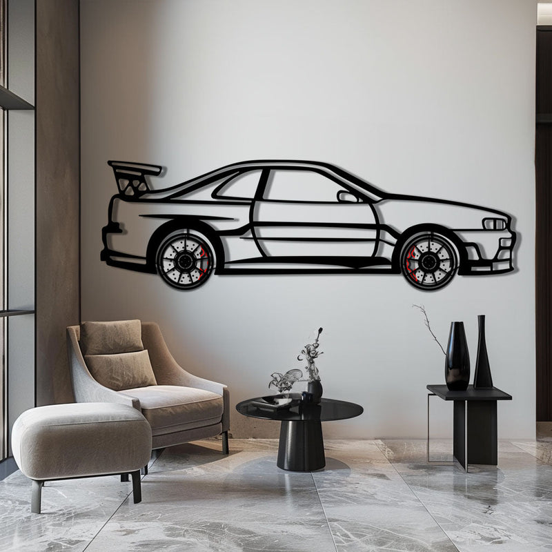 Nissan Skyline GT-R R34 Metal Car Wall Art with Rotating Wheels - "Godzilla" JDM Legend Silhouette - Interactive Automotive Wall Decor - KAFMEKA152