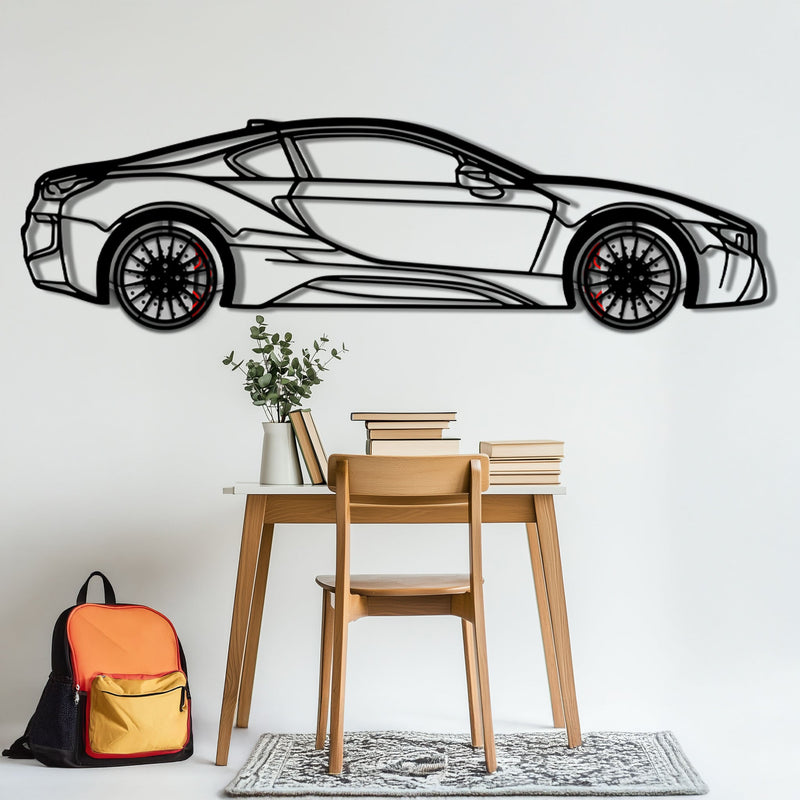 BMW i8 Metal Car Wall Art with Rotating Wheels - Futuristic Hybrid Supercar Silhouette - Interactive Automotive Decor - KAFMEKA106