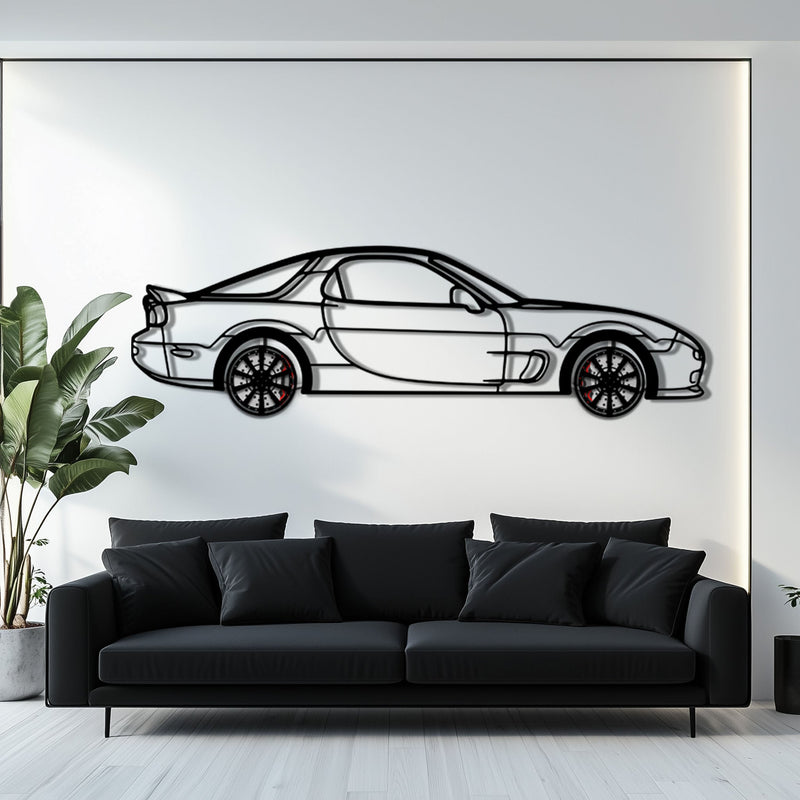 Mazda RX-7 Metal Car Wall Art with Rotating Wheels - FD3S Rotary Legend Silhouette - Interactive Automotive Wall Decor - KAFMEKA147