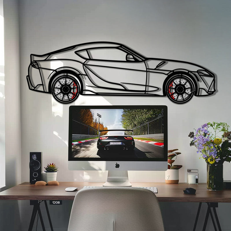 Toyota GR Supra (A90) Metal Car Wall Art with Rotating Wheels - Modern JDM Legend Silhouette - Interactive Automotive Wall Decor - KAFMEKA156
