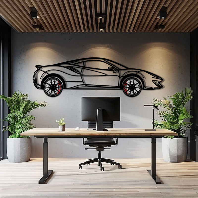 Ferrari 488 Pista Metal Car Wall Art with Rotating Wheels - Track-Focused Italian V8 Silhouette - Interactive Automotive Wall Decor - KAFMEKA128