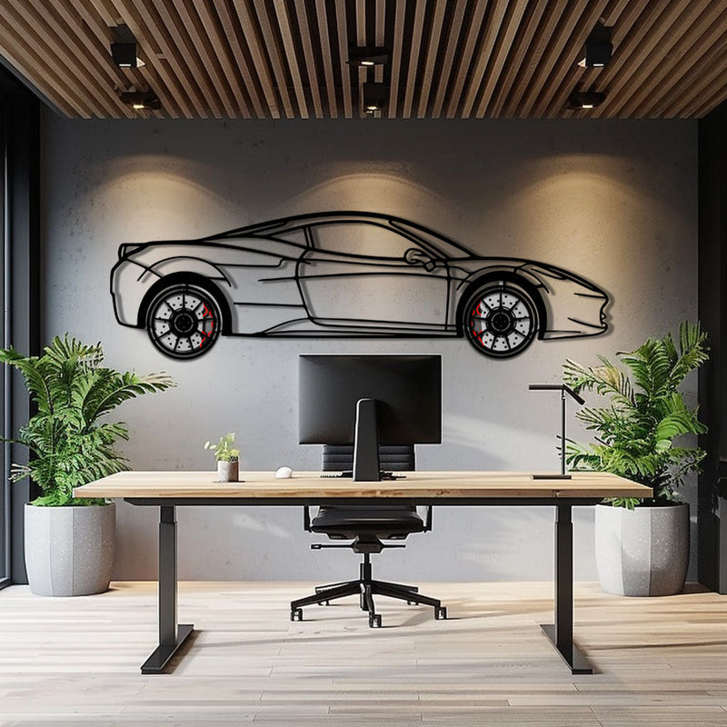 Ferrari 458 Italia Metal Car Wall Art with Rotating Wheels - V8 Supercar Silhouette Decor - Interactive Automotive Wall Art - KAFMEKA124