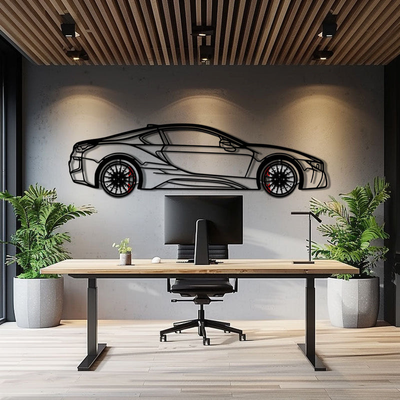 BMW i8 Metal Car Wall Art with Rotating Wheels - Futuristic Hybrid Supercar Silhouette - Interactive Automotive Decor - KAFMEKA106