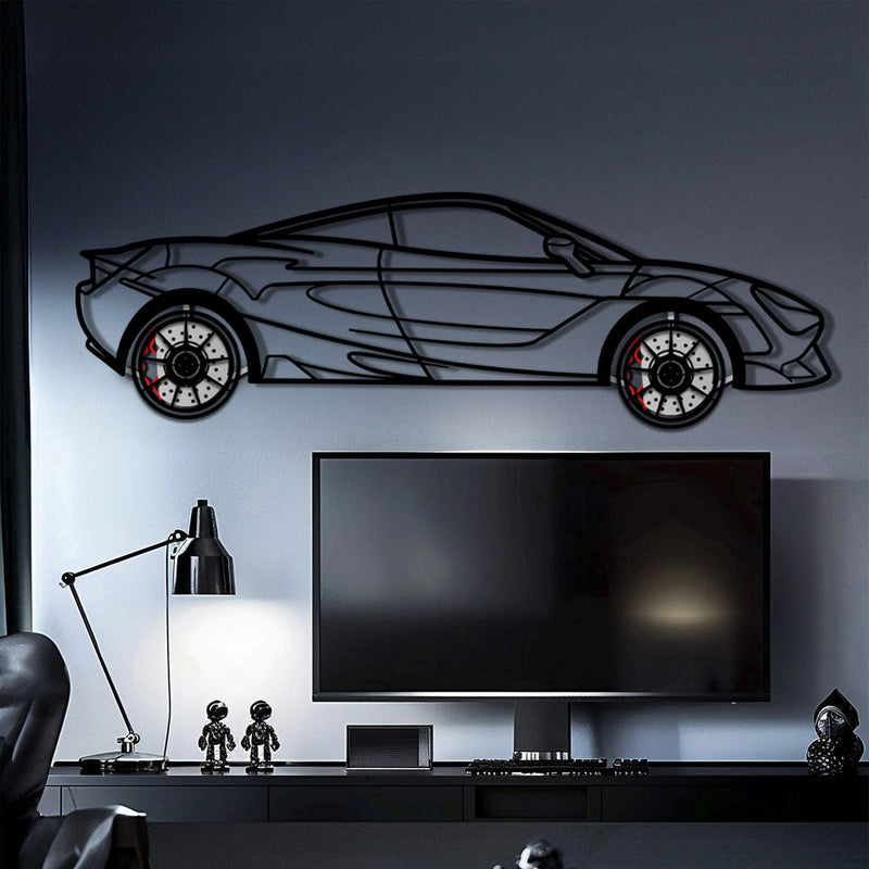 McLaren 720S Metal Car Wall Art with Rotating Wheels - British Supercar Silhouette - Interactive Automotive Wall Decor - KAFMEKA149