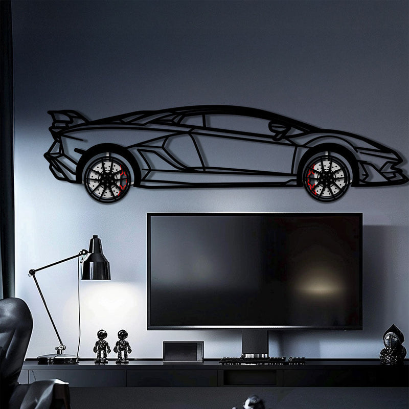 Lamborghini Aventador Metal Car Wall Art with Rotating Wheels - Italian V12 Hypercar Silhouette - Interactive Automotive Wall Decor - KAFMEKA145