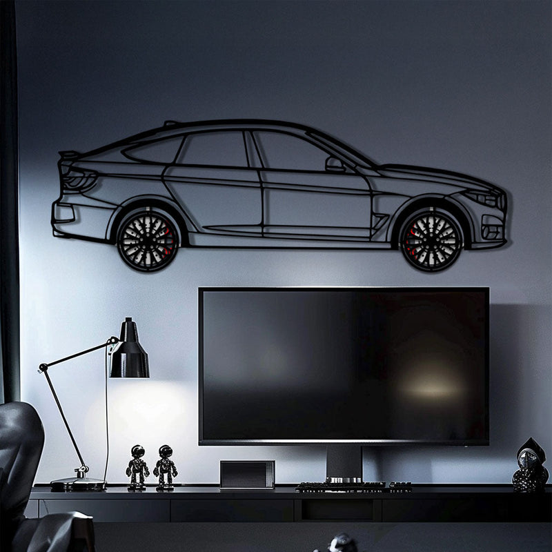 BMW 330 GT F34 Metal Car Wall Art with Rotating Wheels - Gran Turismo Silhouette Decor - Interactive Automotive Wall Art - KAFMEKA103
