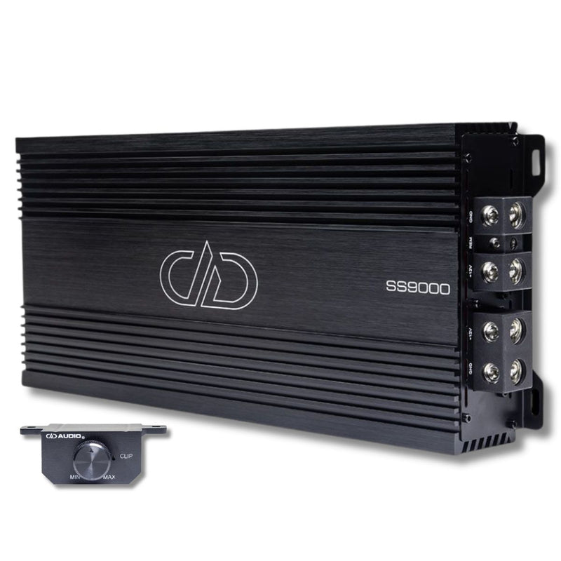 SS9000 | 9000W Compact Monoblock Amplifier with Six-Pack Power Supply Vie of top of amp and left side, with Bass knob front facing 