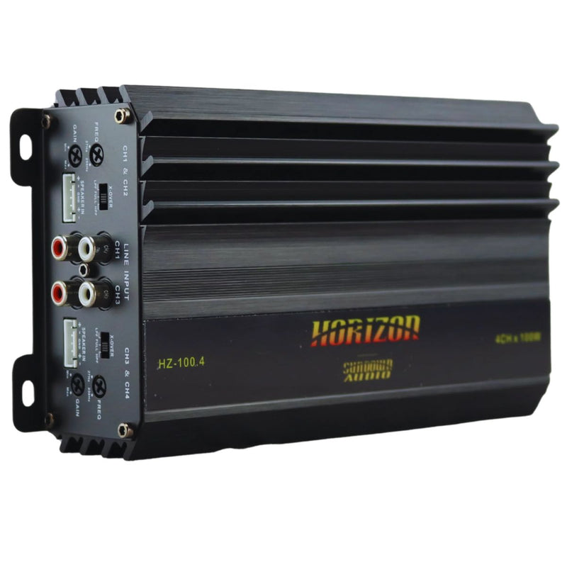 Front side view of Sundown Audio HZ-100.4 4-Channel Amplifier | 400W 4Ohm Horizon Series