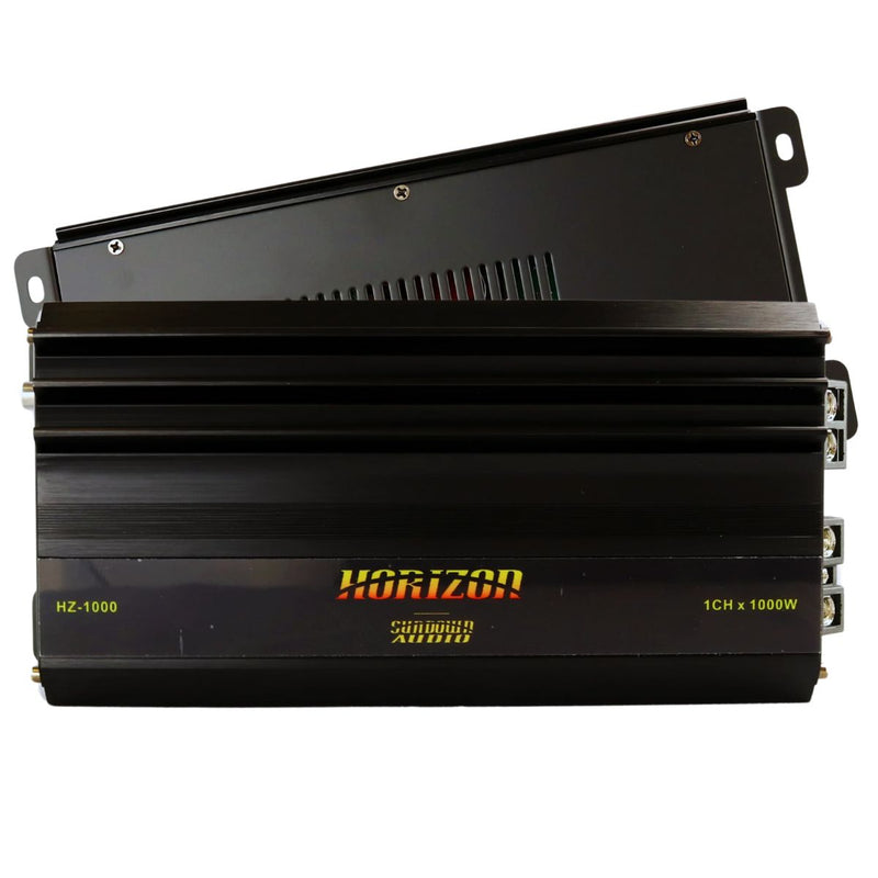 Compact Sundown Audio HZ-1000 monoblock amp delivering 1000W RMS at 1 ohm with Class D efficiency, tuning filters, and remote bass control. Amplifier Front & Back View
