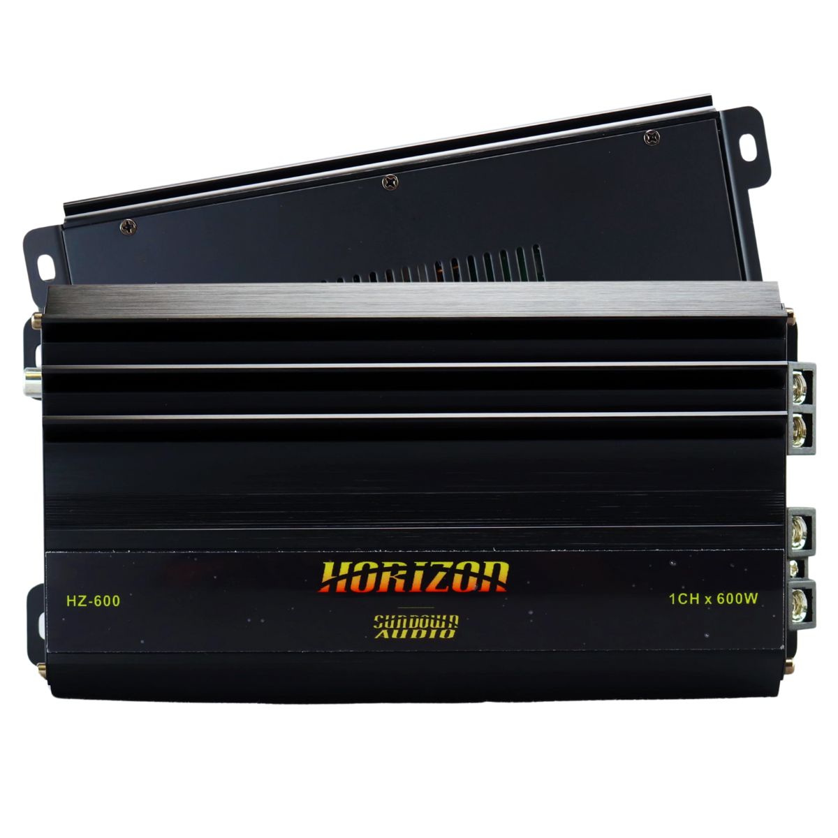 Compact Sundown Audio HZ-600 monoblock amp delivering 600W RMS at 1 ohm with Class D efficiency, filters, and wired bass remote. Amplifier front, back view