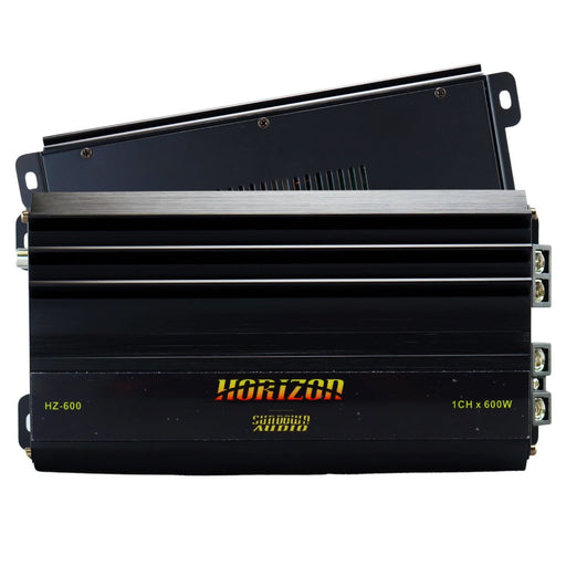 Compact Sundown Audio HZ-600 monoblock amp delivering 600W RMS at 1 ohm with Class D efficiency, filters, and wired bass remote. Amplifier front, back view