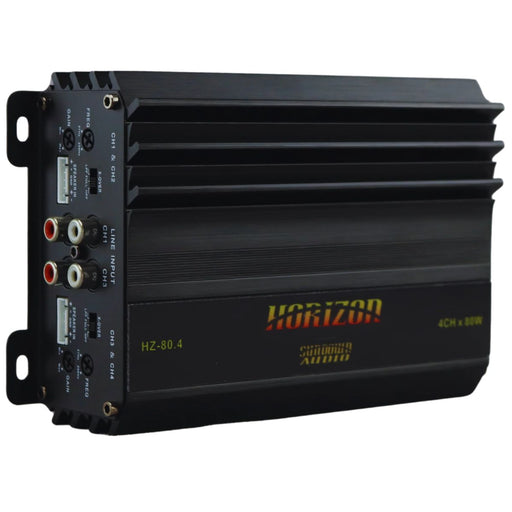Front side view of Sundown Audio HZ-80.4 4-Channel Amplifier | Horizon Series 