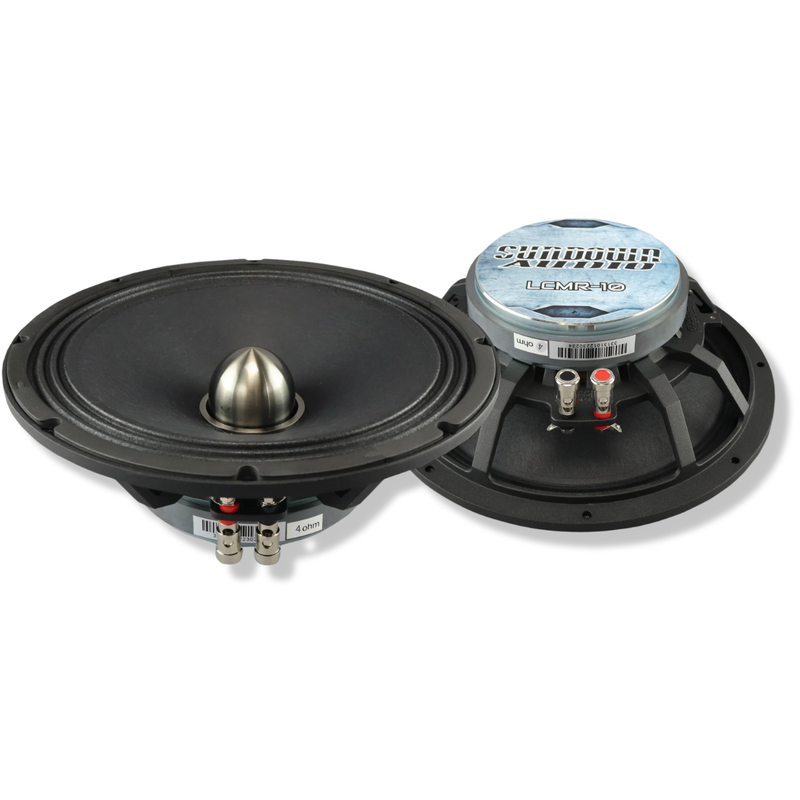Sundown Audio LCMR-10 4 ohm 10 inch pro audio midrange speaker w/ 120W RMS power handling high sensitivity phase plug design & loud clean midrange performance. Speaker Pair Side View