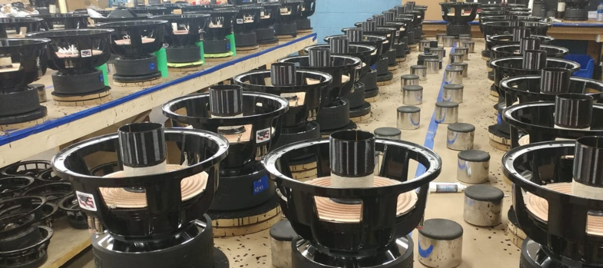 View of Sundown Audio subwoofers being assembled.