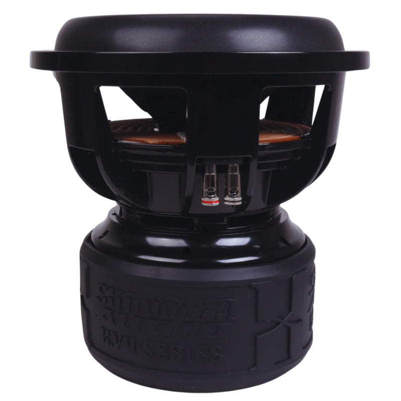 Sundown Audio XV4 12 inch dual 2 ohm subwoofer rated at 3000 watts RMS with 30mm Xmax and Xv4 coil technology for extreme bass systems Subwoofer Side View
