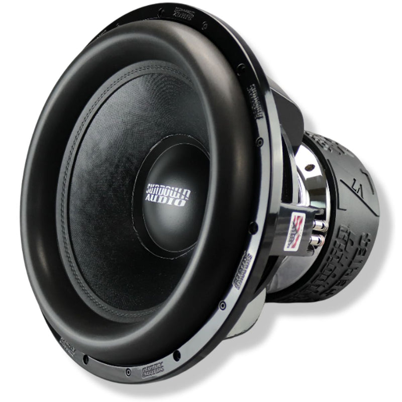 Ultra high excursion 18 inch Sundown Audio Z v.7 subwoofer w/3500W RMS dual 1 ohm voice coils mega platform motor & extreme low bass for ported systems. Subwoofer Side View