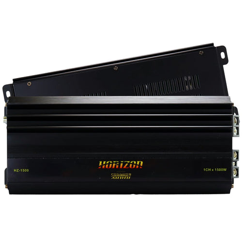 High-power Sundown Horizon HZ-1500 monoblock delivering 1500W RMS at 1 ohm with Class D efficiency, tuning filters, and remote bass control. Amplifier Front view

