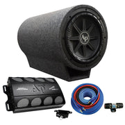 View of Complete 12" vented bass pipe, 400W RMS sub & 2-ch 300W amp. Includes wiring kit for easy install. Perfect for powerful, clean bass setups. Front top down view of all components.