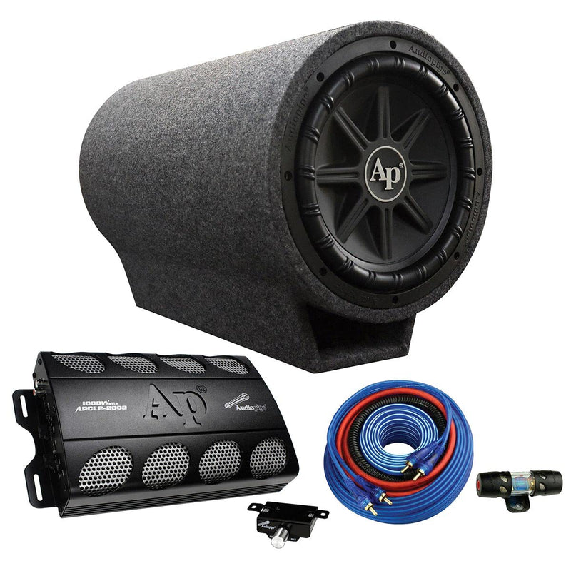 View of Complete 12" vented bass pipe, 400W RMS sub & 2-ch 300W amp. Includes wiring kit for easy install. Perfect for powerful, clean bass setups. Front top down view of all components.