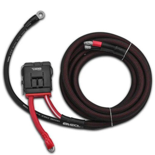 Pre loomed 4 GA OFC wiring kit for 2 door UTVs with 8ft power and ground cables and a waterproof MFH4 fuse holder. Perfect for DS18 NXL X amps Harness top view