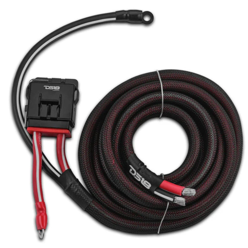 Pre loomed 4 GA OFC power and ground kit for 4 door UTVs with waterproof fuse holder and plug and play DS18 amp connections. Cable Connector Image