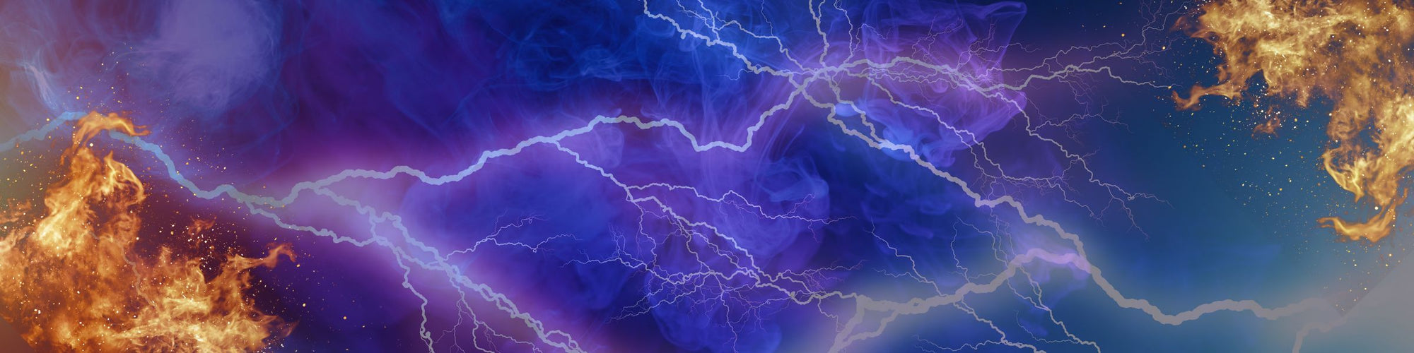 “Purple and blue storm clouds with bright lightning bolts crossing the sky, framed by flames on both sides.”
