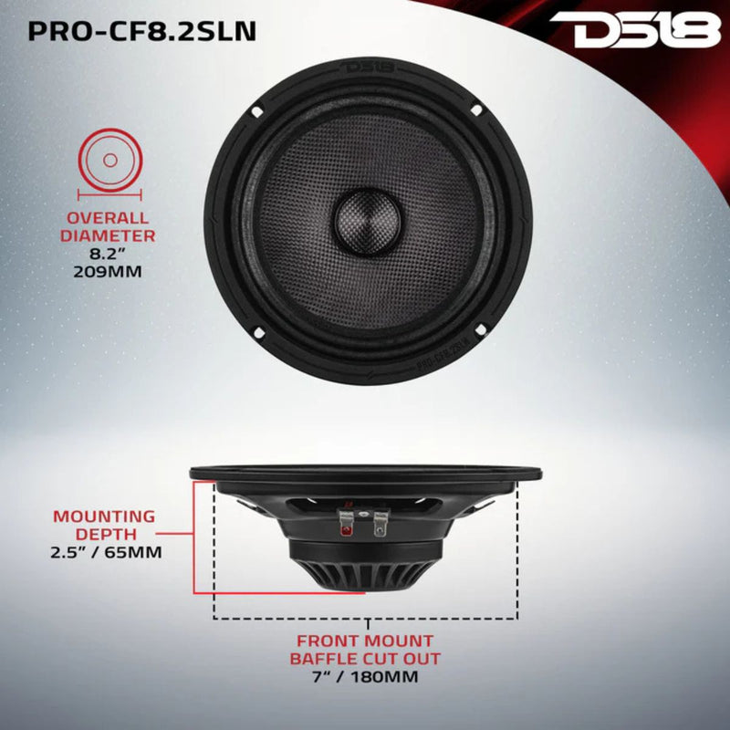 8" 200W RMS 2 Ohm Slim Water Resistant Neo Carbon Fiber Midrange Speaker DS18