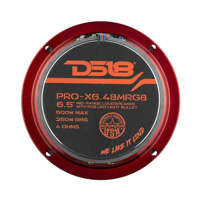 DS18 6.5" Midrange Speaker 500 Watt 4 Ohm w/ RGB LED Bullet PRO-X6.4BMRGB